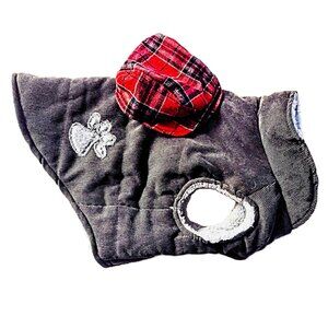 Gray Corduroy Paw Print Dog Jacket w/Plaid Cap ~ Gray Fur Lining ~ Size M ~ EUC!